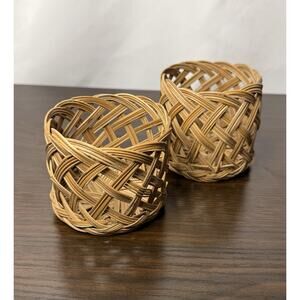 Vintage MCM 2 Pc Set Wicker Basket Glass Holders Sleeve Boho Barware Koozie